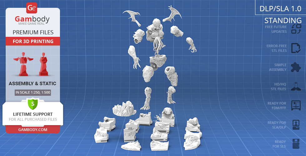 3D printable Cthulhu model parts displayed on a blue grid background with assembly instructions.