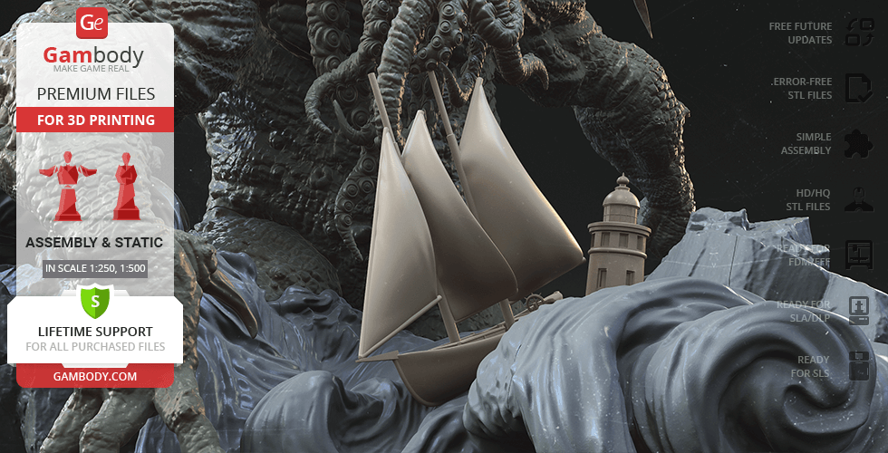 A monstrous Cthulhu rises behind a lighthouse and a swirling sea, with a sailboat in the foreground.