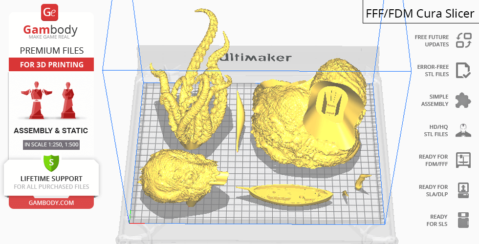 3D printing layout for Cthulhu model showing multiple parts on a grid in Cura slicer software.