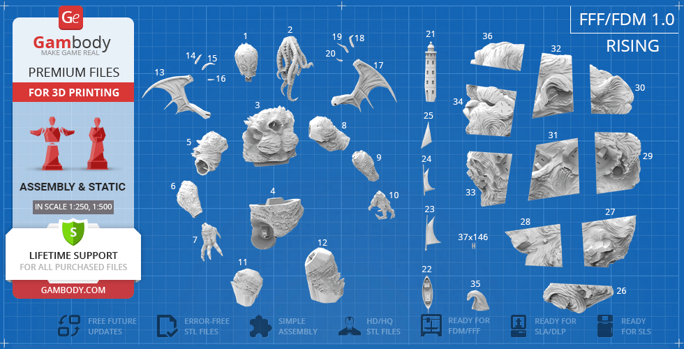 STL file parts for assembling a Cthulhu model, displayed on a blueprint grid.