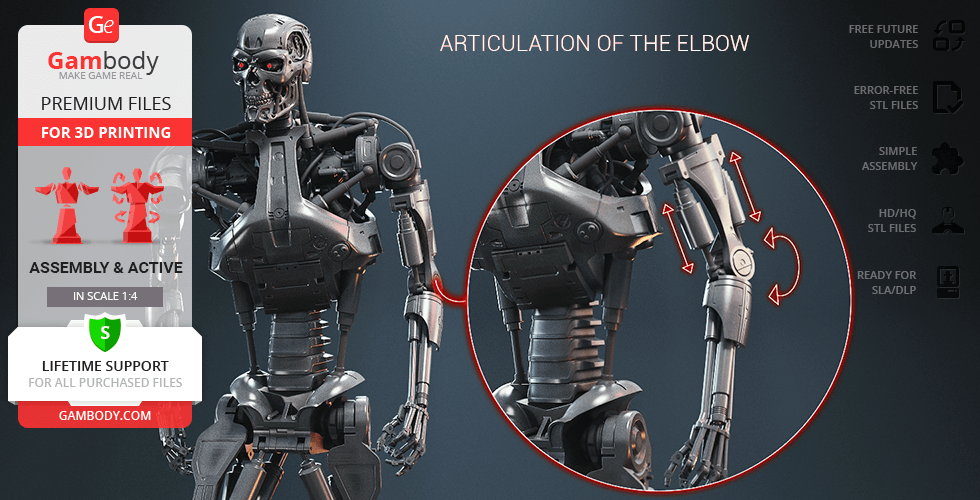 A detailed 3D model of a robotic humanoid with articulated elbow, ready for 3D printing.