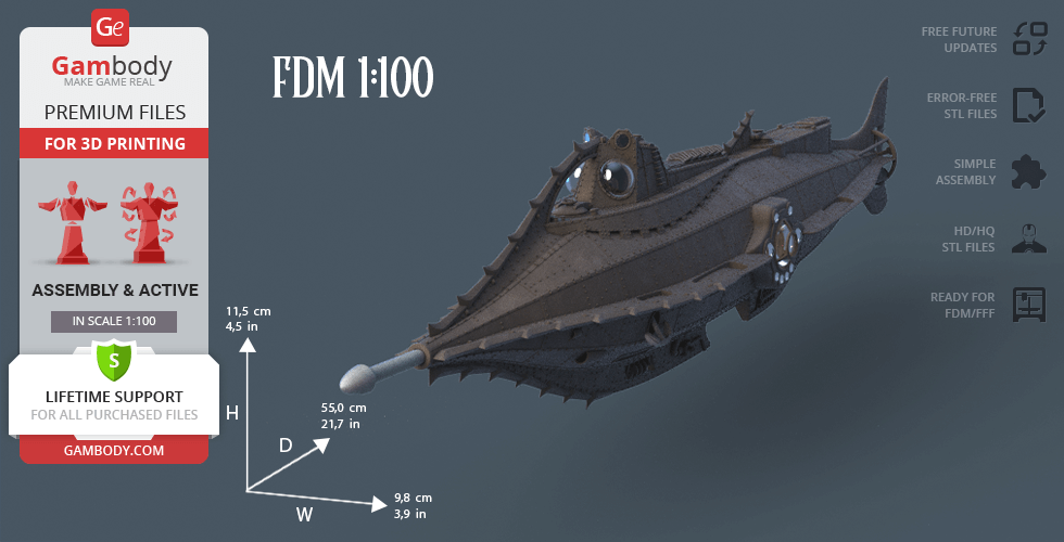 A detailed 3D model of the Nautilus submarine, showcasing dimensions and specifications for printing.