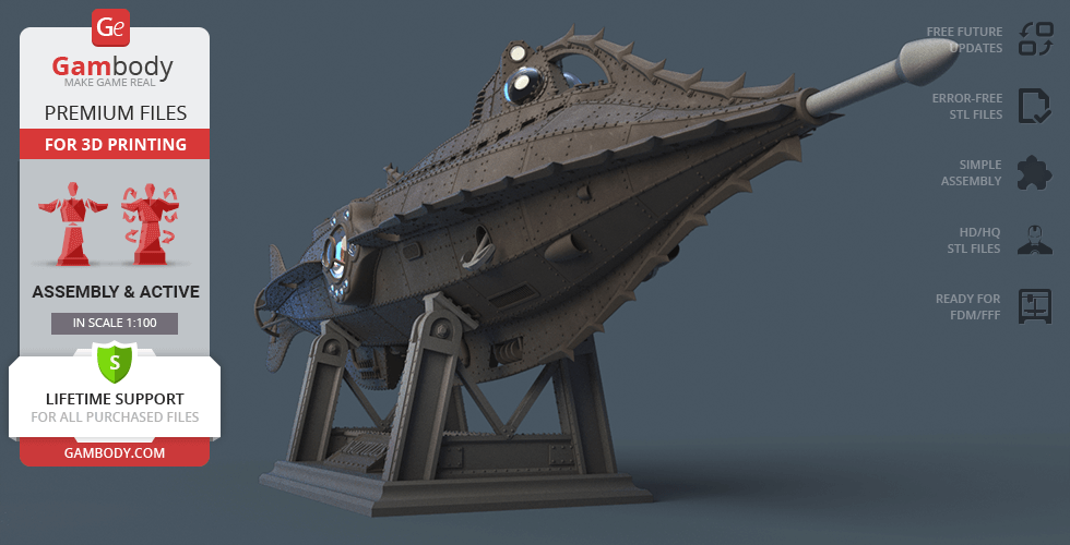 A detailed 3D model of the Nautilus submarine on a display stand, ready for 3D printing.