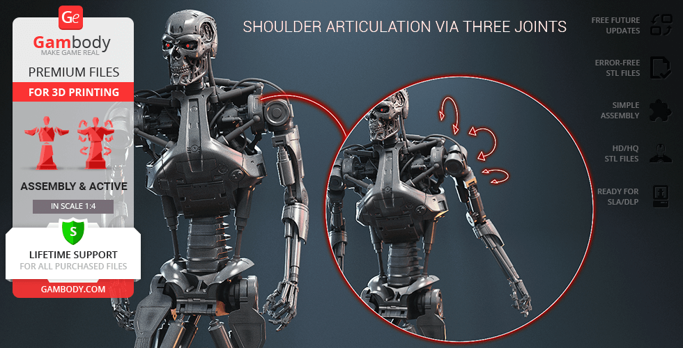 A 3D model of a robotic endoskeleton with detailed shoulder articulation for 3D printing, shown on Gambody.
