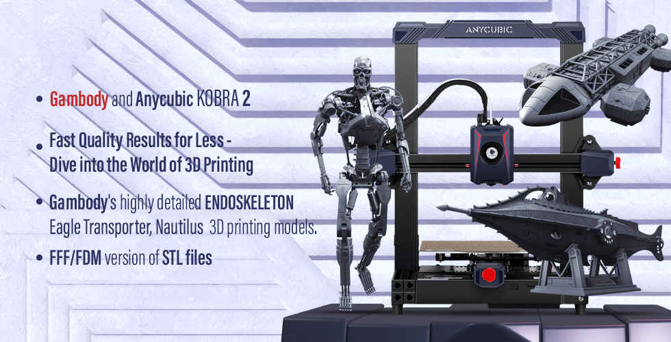3D printer with models: T-800 Endoskeleton, Nautilus Submarine, and Eagle Transporter. Gambody branding.