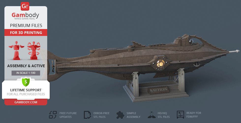 A detailed 3D model of the Nautilus submarine displayed on a platform for 3D printing.