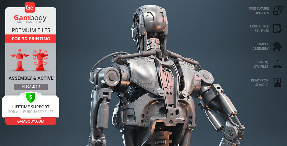 A detailed 3D model of a robotic endoskeleton, highlighting precision and assembly instructions from Gambody.