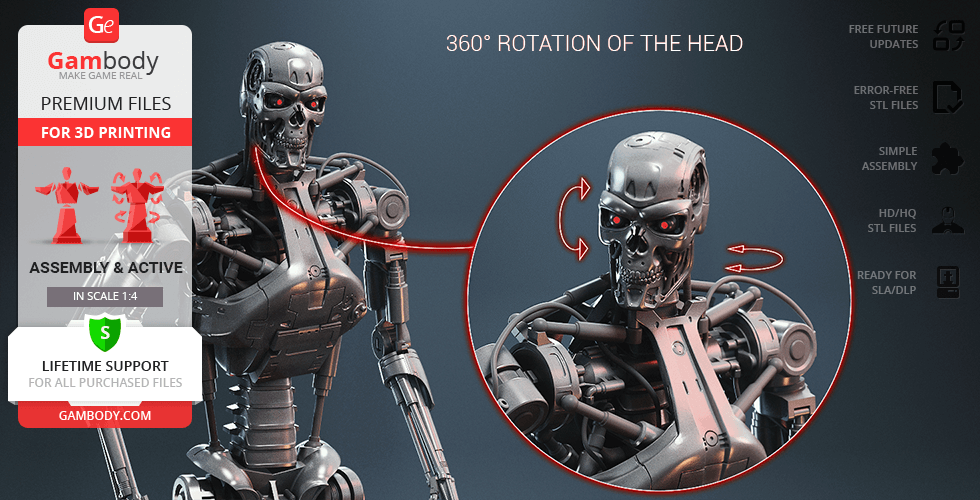 A futuristic endoskeleton model showcasing a 360° head rotation for 3D printing assembly.