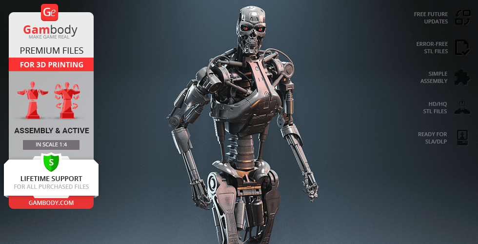 A detailed T-800 Endoskeleton 3D model for printing, featured with assembly options and support from Gambody.