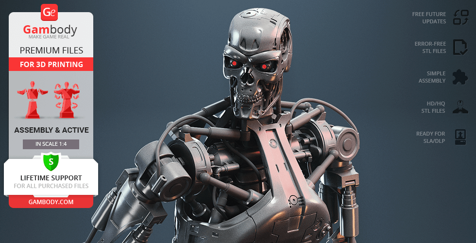 A detailed, robotic endoskeleton model with red eyes, designed for 3D printing by Gambody.