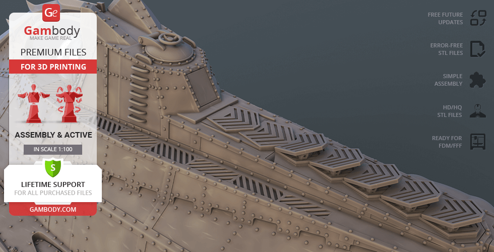 Close-up of a detailed 3D model submarine with Gambody branding and print specifications.