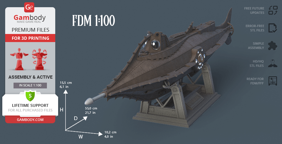 3D model of the Nautilus submarine from '20,000 Leagues Under the Sea' on display stand.