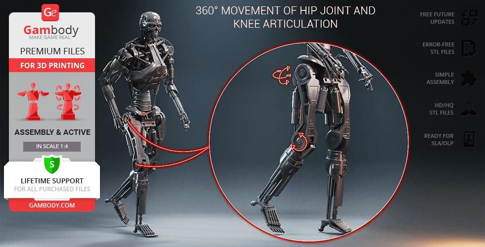 3D model of a robot with detailed joints shown for articulation and movement in the hip and knee.