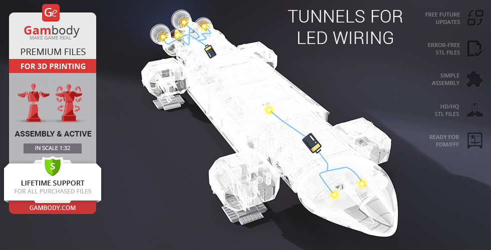 A detailed 3D model of a transporter, showing LED wiring tunnels, for 3D printing via Anycubic Kobra 2.