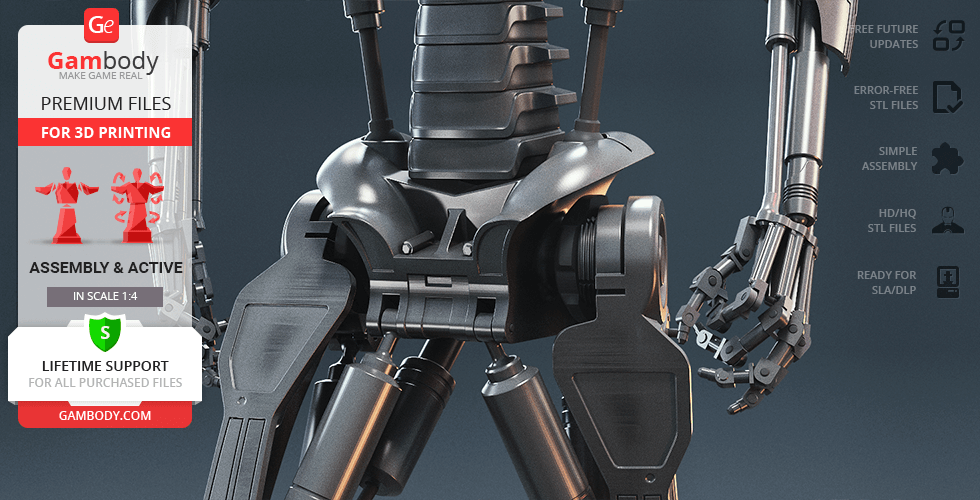 Close-up of a T-800 Endoskeleton 3D model, showcasing mechanical details and articulation.