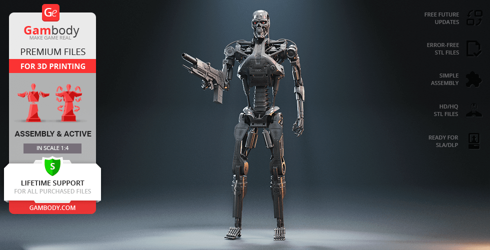A robotic humanoid model with a gun, featured for 3D printing from Gambody.