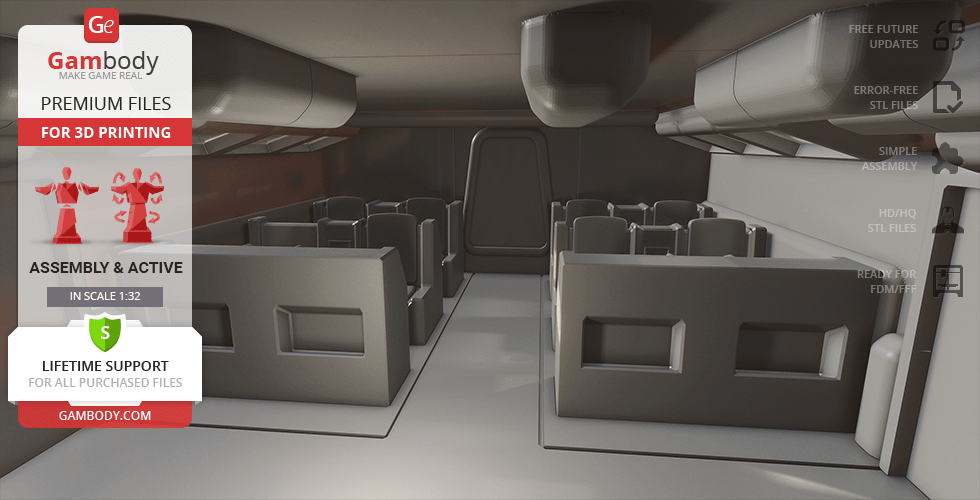Interior of a 3D model spaceship cabin with rows of seats and overhead compartments.