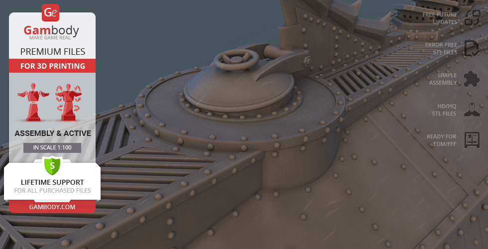 Detailed model of the Nautilus submarine for 3D printing, showcasing a riveted metal section.