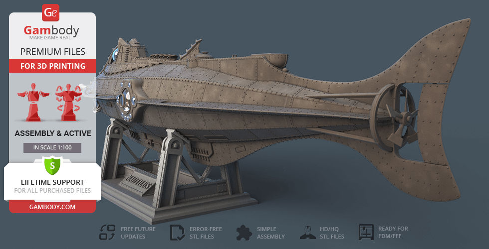 A detailed 3D model of the Nautilus submarine on a display stand, ready for 3D printing.