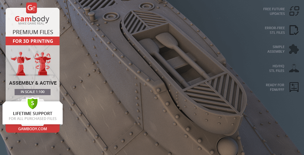 Close-up of a detailed submarine model for 3D printing by Gambody, showcasing rivets and deck structure.