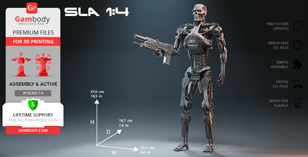 A detailed 3D model of a humanoid robot holding a gun, designed for 3D printing on Gambody.