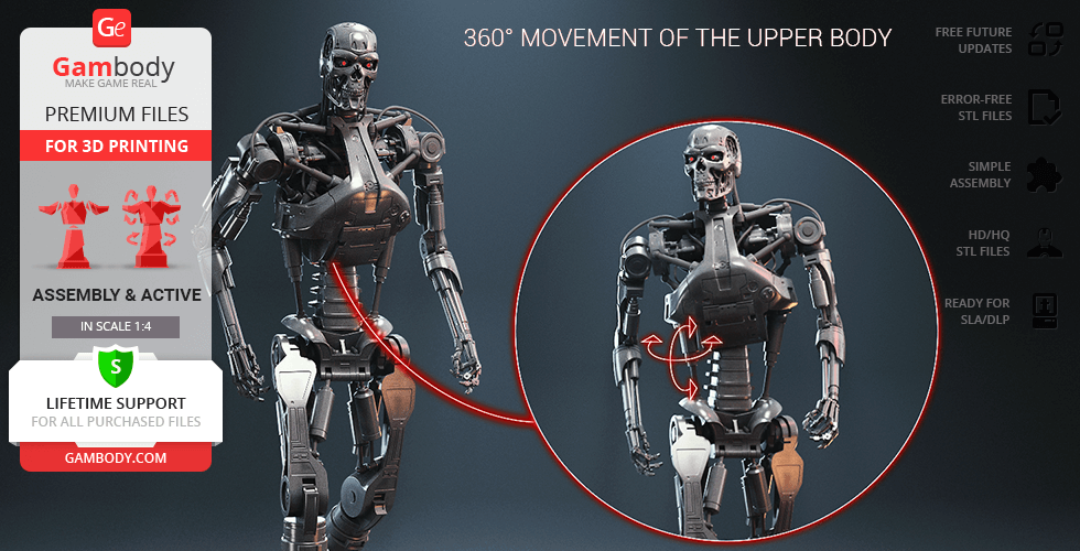 3D model of a robotic endoskeleton with 360° upper body rotation, advertised for 3D printing.