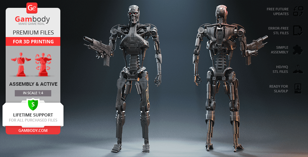 Two T-800 endoskeleton models are displayed, one facing forward and the other backward.