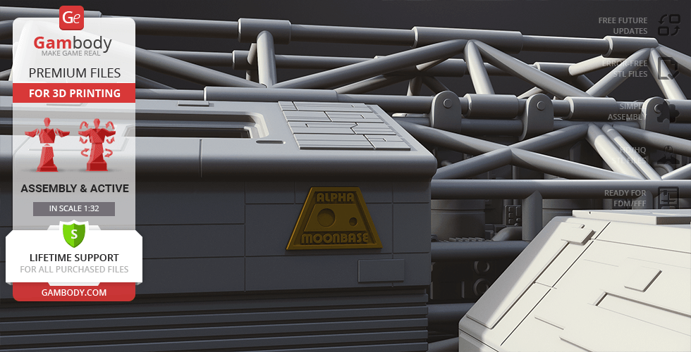 Close-up of a detailed 3D model structure with futuristic design elements and mechanical parts.