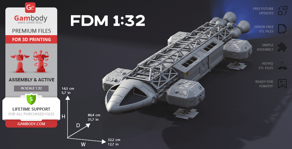 A detailed 3D model of the Eagle Transporter, designed for FDM 3D printing, featuring assembly dimensions.