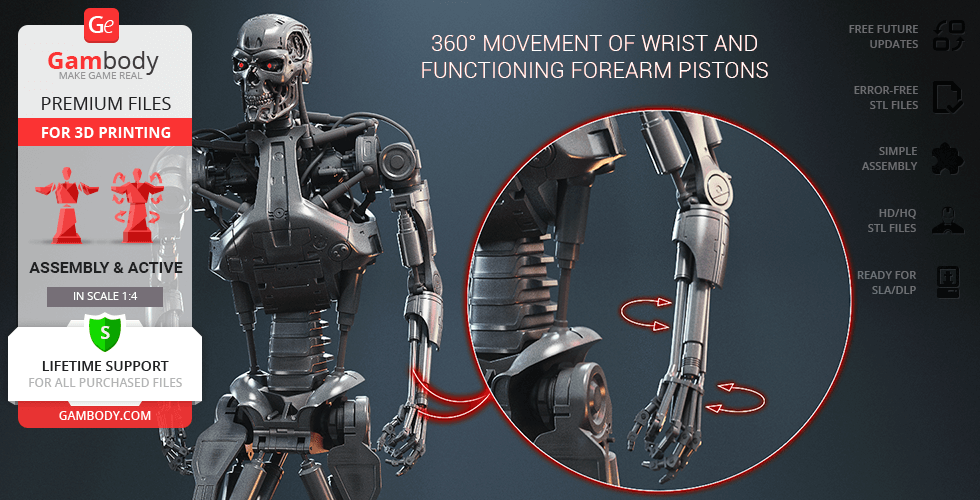 A robotic T-800 endoskeleton model showing wrist movement and detailed forearm pistons.