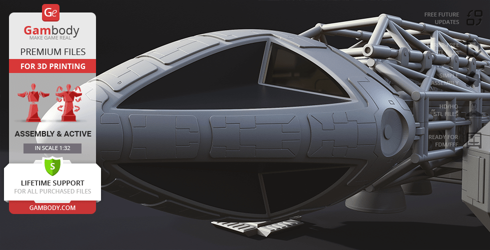 A 3D model of a detailed Eagle Transporter spacecraft for printing, with promotional Gambody text overlay.