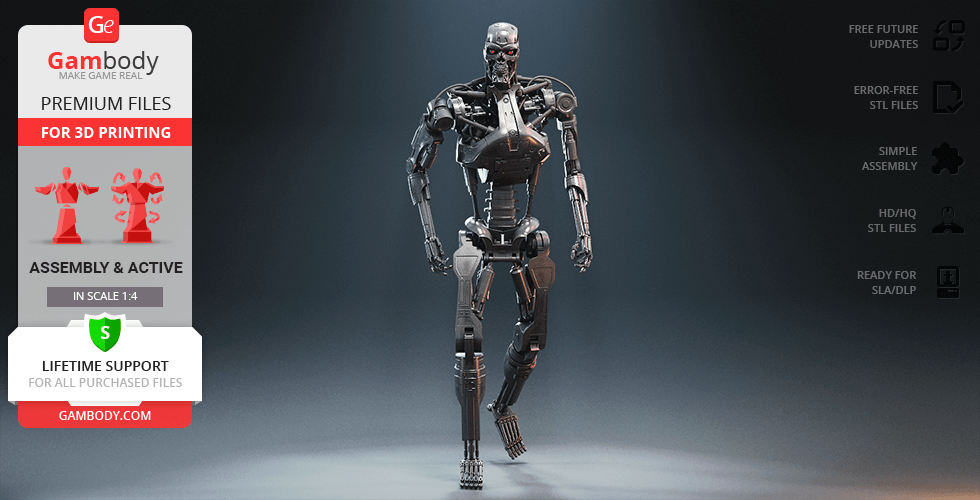 A metallic humanoid robot model stands against a plain background, promoting 3D printing STL files.