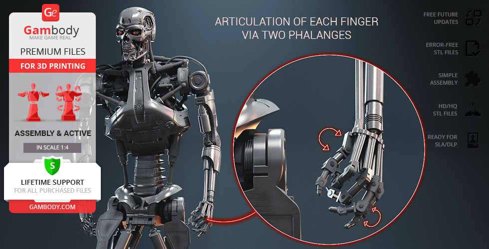 3D model of a T-800 endoskeleton hand with articulated fingers for printing, shown with features and specifications.
