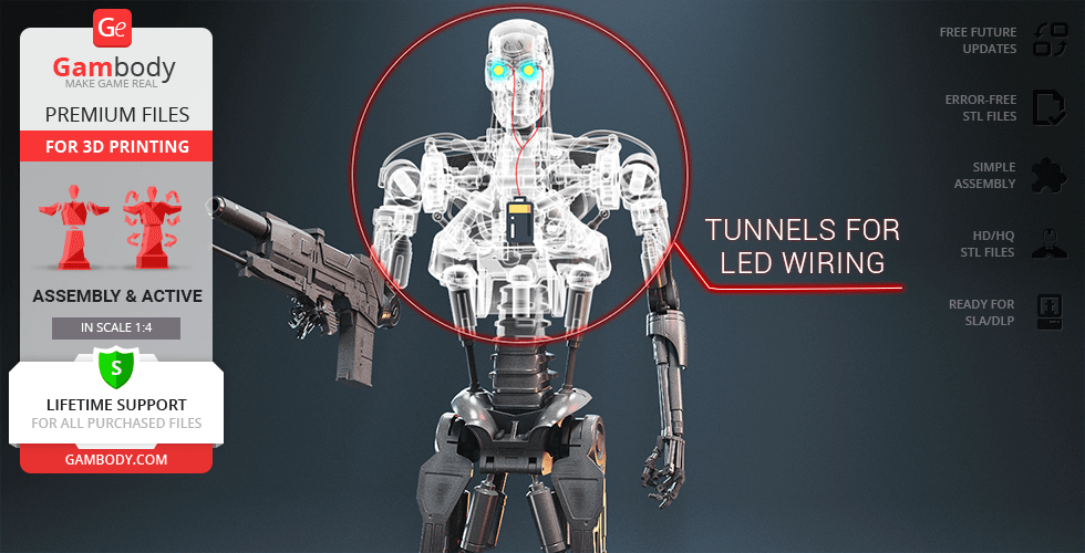 A T-800 Endoskeleton 3D model with LED wiring tunnels, offered by Gambody with premium 3D printing files.
