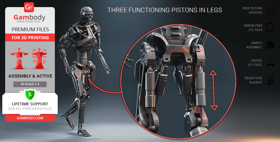 A detailed T-800 endoskeleton 3D model with functioning leg pistons, highlighted features for 3D printing.