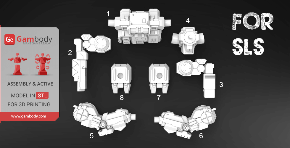 Numbered 3D printing parts for MWO Highlander mech model assembly.
