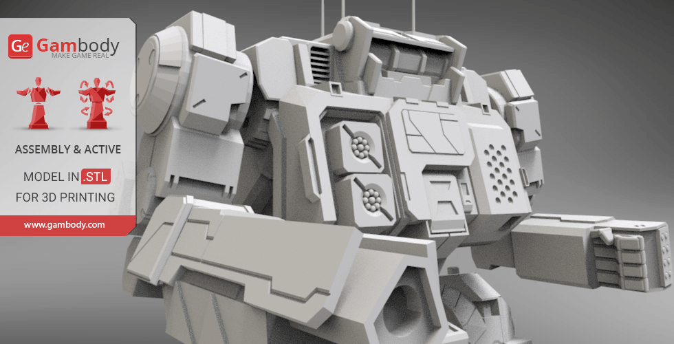 3D model of a mech robot with detailed armor plating, designed for 3D printing by Gambody.
