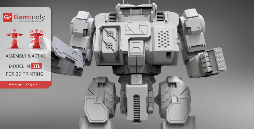 A 3D model of a detailed MechWarrior robot for printing, shown in grayscale.