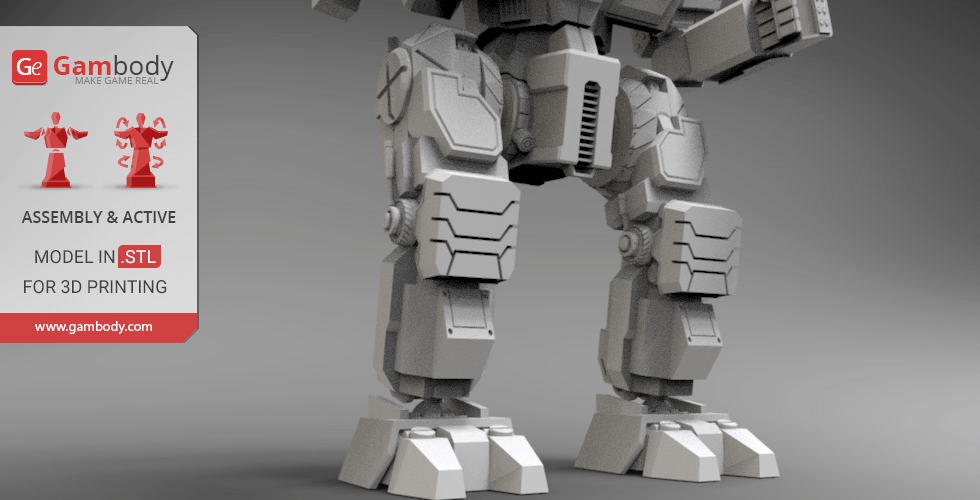 3D model of a mech's legs, designed for assembly and 3D printing, displayed with promotional text.