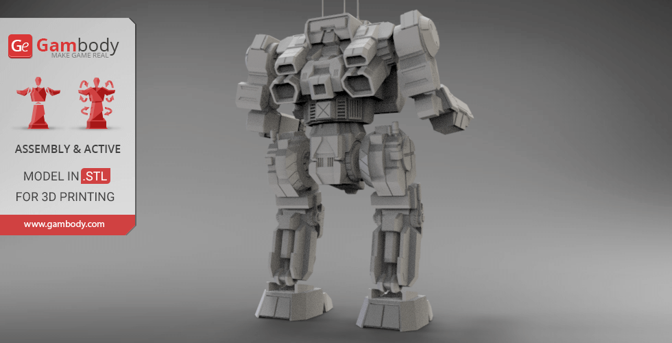 3D model of a bulky, armored mech robot, ready for 3D printing, displayed on Gambody platform.