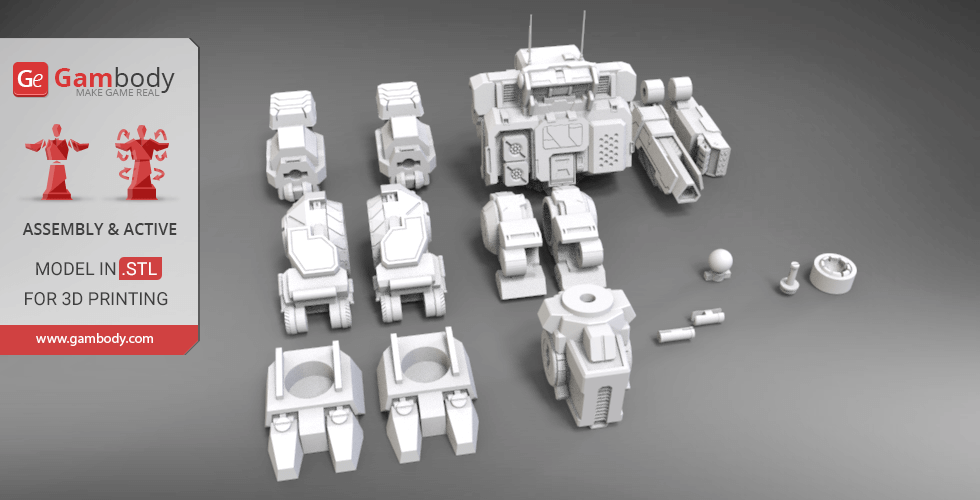 3D model parts for assembling a mech robot, displayed for 3D printing assembly.