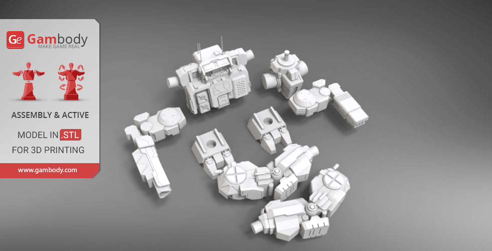 Disassembled 3D model parts of a mech robot for printing in STL format, displayed on a gray background.