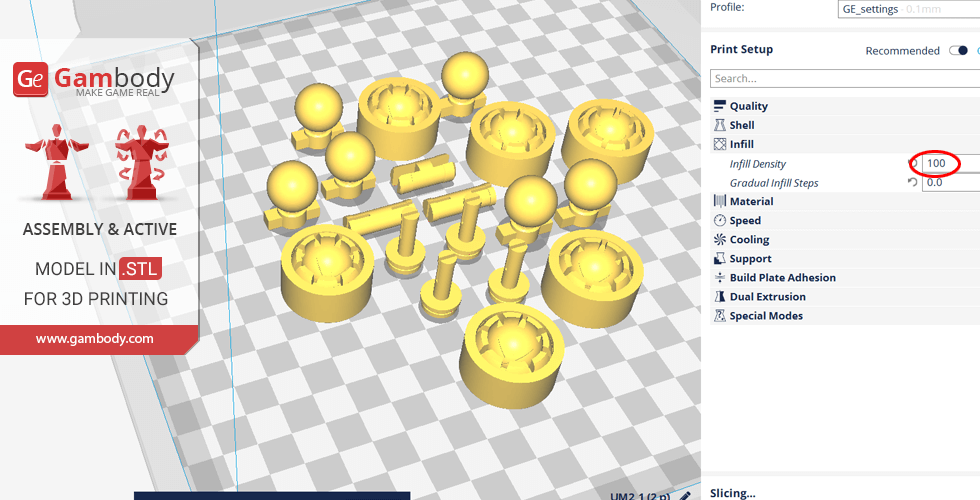 3D printing setup screen showing parts of a mech model with 100% infill density on a checkered grid.