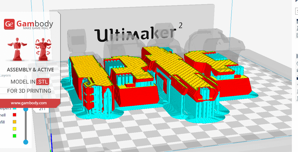 3D model of 'MWO Highlander' in slicing software, with support structures on a checkered build plate.