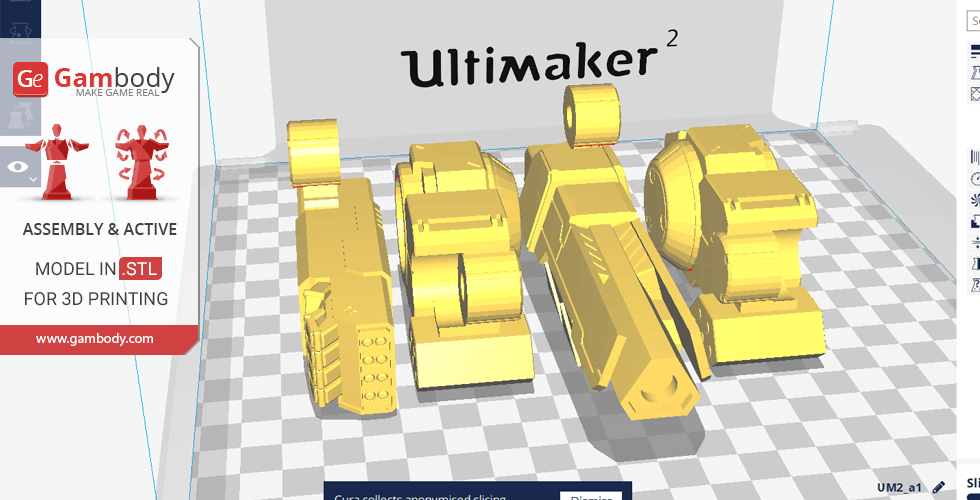 Digital render of 3D printer slicing software showing parts for a Highlander Mech model from MWO.
