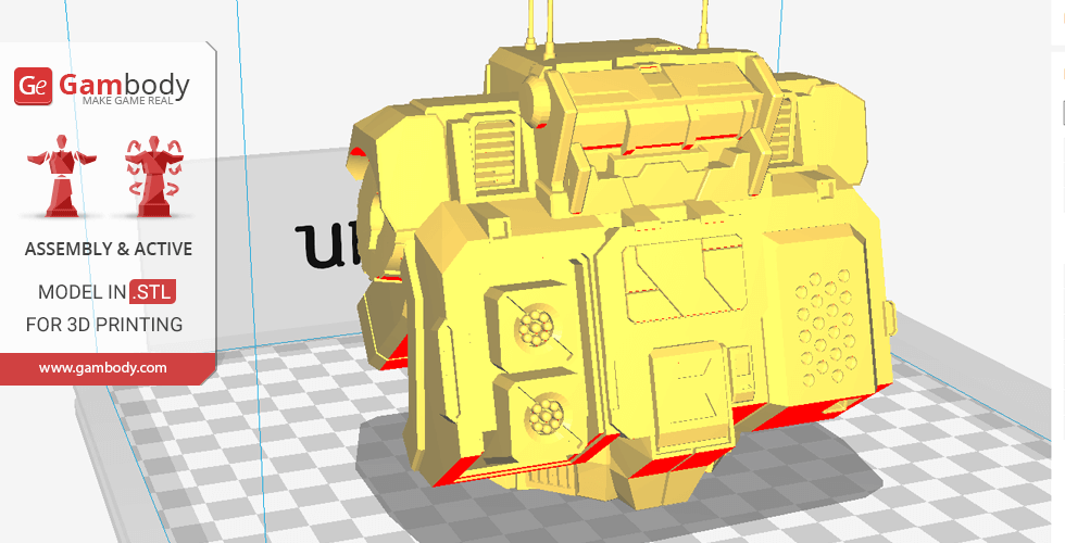 A detailed 3D model of a mech's upper body, viewed in yellow, for 3D printing setup.