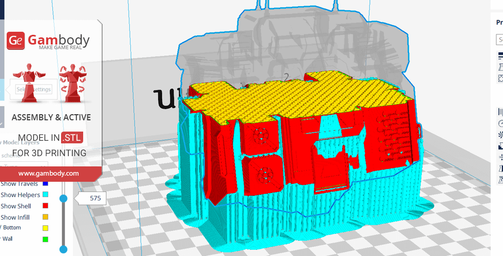 3D printing preview of MWO Highlander model with supports and layers in a slicer program.