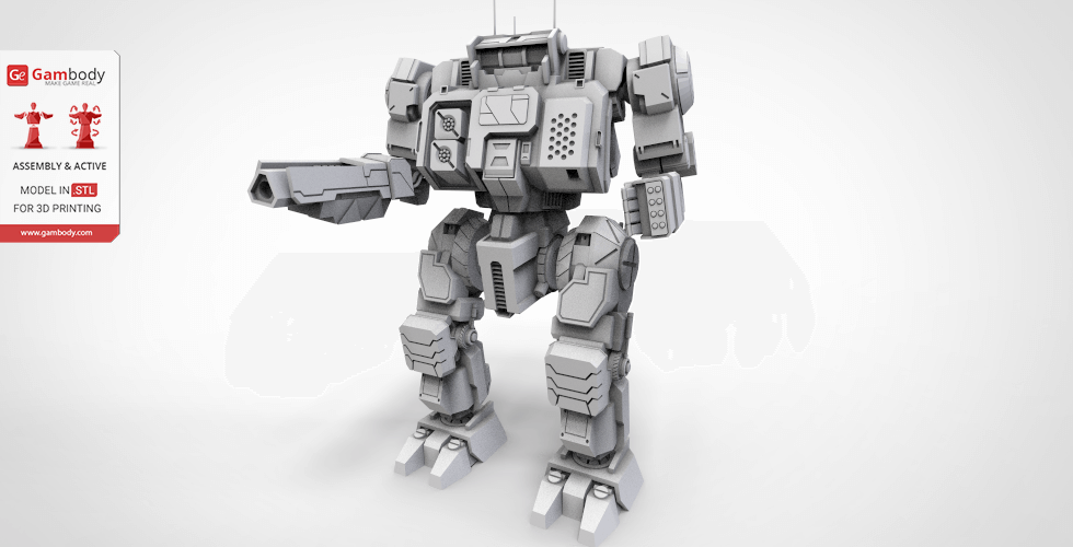 A detailed 3D model of a robotic mech with bulky armor and weaponry from Gambody for 3D printing.