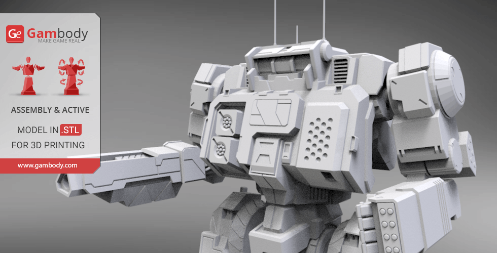 A detailed 3D model of a mech robot, featuring angular armor and weaponry, designed for 3D printing.