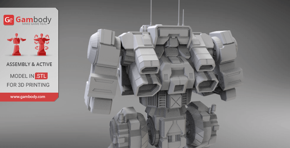 A detailed 3D model of a mech robot with bulky armor and intricate mechanical components.